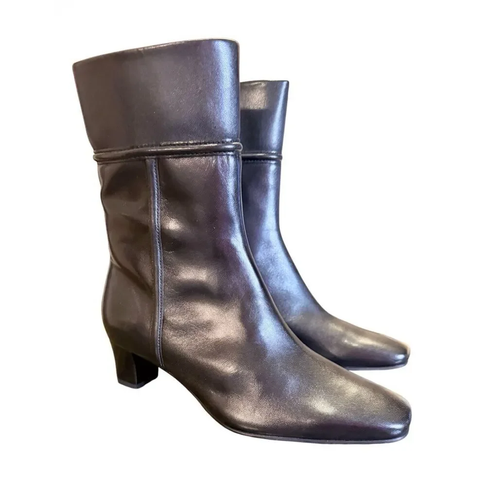 NWT Antonio Melani Black Leather Mid Calf Mid Heel Boots US Sz 6